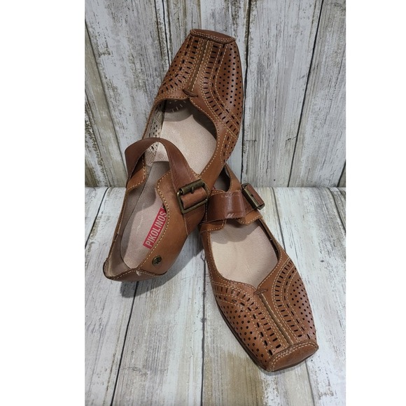 Pikolinos Women's Tan Leather Cutout MaryJane Buckle Shoes Size 37 is 6.5 in US - Picture 5 of 7